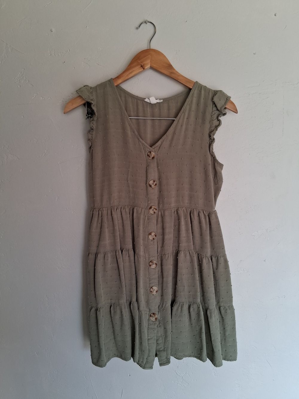 E&M Sage Green Swiss Dot Tiered Babydoll Dress Small Boho Cottagecore Rayon - Picture 2 of 8